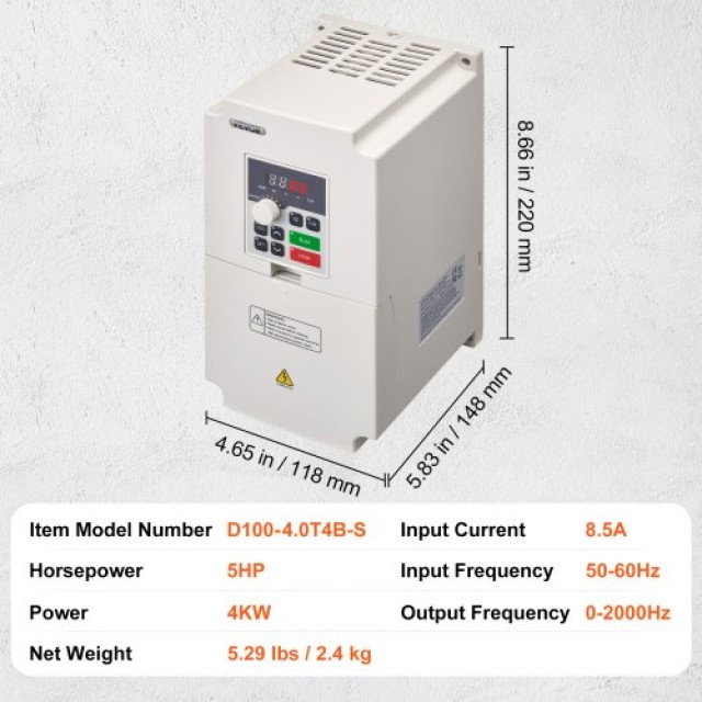 VEVOR Μετατροπέας Συχνότητας 5HP 4KW 8.5A 3 Φάσεων AC 380V Είσοδος σε 3 Φάσεων 0-380V Έξοδος 0-2000Hz BPQDQ4KW380VTZ18XV8