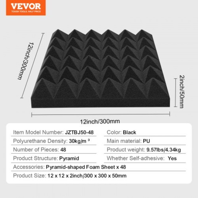 VEVOR  48 Ακουστικά Πάνελ Αφρού 30x30x5 εκ. με Αυτοκόλλητο για Τοίχο/Οροφή ZZSPMBHSL12WV08RDV0