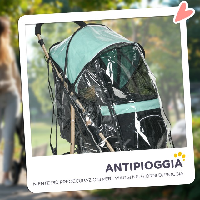 PawHut Πτυσσόμενο Καροτσάκι για Μικρά Σκυλιά με Κάλυμμα Βροχής, Καλάθι και Ενσωματωμένο Λουρί, Πράσινο D00-188V01GN