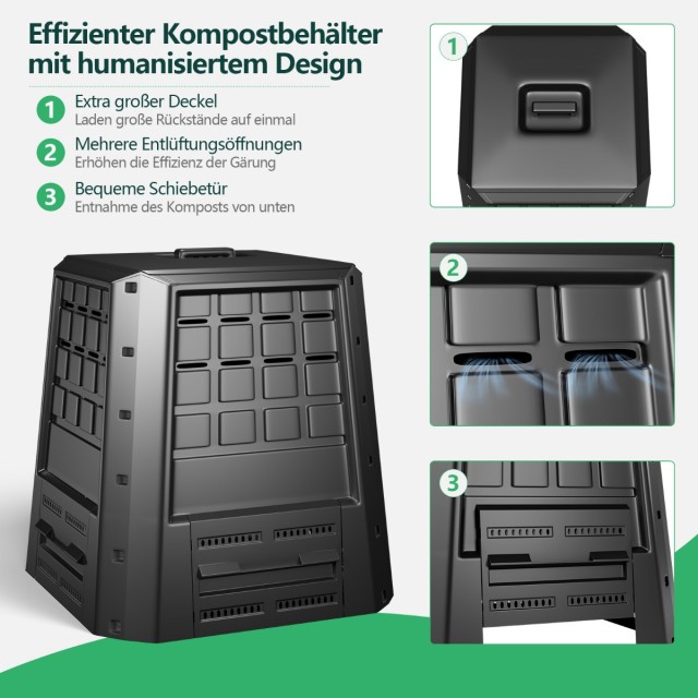Costway Μαύρος Θερμοκομποστοποιητής Κήπου 380L με Ρυθμιζόμενους Αερ...