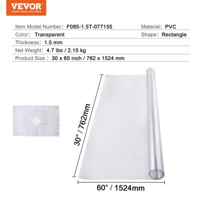 Διαφανές Προστατευτικό Τραπεζιού VEVOR 30x60 εκ. 1.5mm  ZFXPVCZB30X66LKCKV0
