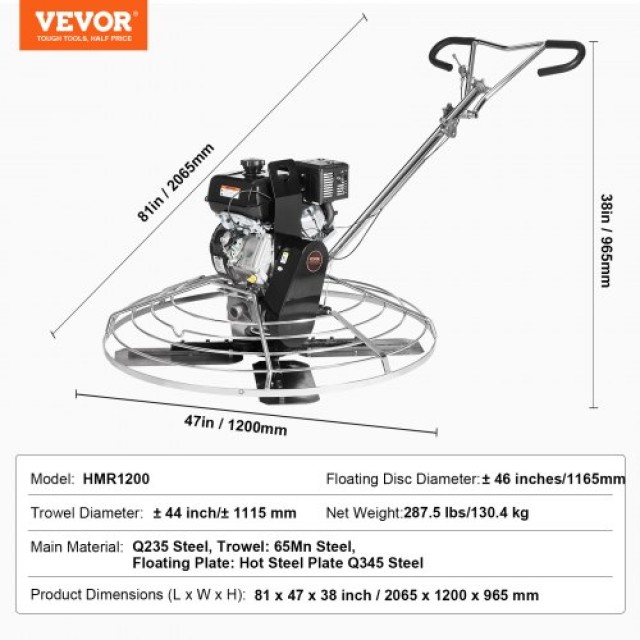 VEVOR Σπάτουλα Σκυροδέματος 46” 14HP Βενζινοκίνητη με Πλωτή Λεπίδα  DLMDJS46INCH8WP46V0