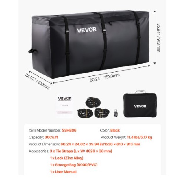 VEVOR Αδιάβροχη Τσάντα Φορτίου Hitch 30 Cu.ft PKHB30CUFTGPAF3JS001V0