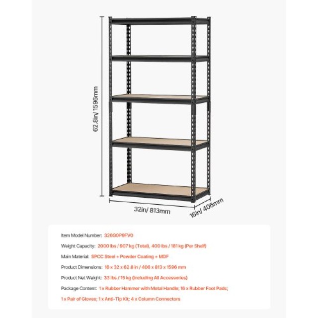 VEVOR Ράφια Αποθήκευσης 5 Επιπέδων 16 Β x 32 Π x 62.8 Υ για Γκαράζ MDBSXHJ16326G0P9FV0