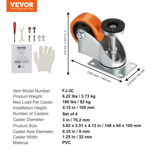 VEVOR  Ρυθμιζόμενοι Τροχοί, Σετ 4, 720 lbs Φορτίο, 3 Διάμετρος, Βαρ...