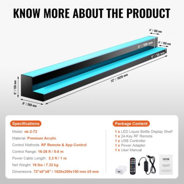 Ράφι Μπαρ VEVOR με LED Φωτισμό & Έλεγχο μέσω Εφαρμογής 72 2 Επιπέδων  ZTXLEDJPZSJ2HYJ8IV2
