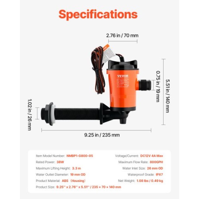VEVOR Αντλία Ζωντανού Δολώματος Σκάφους 12V 800 GPH 90° CYHSB800GPHWJHPJPV9