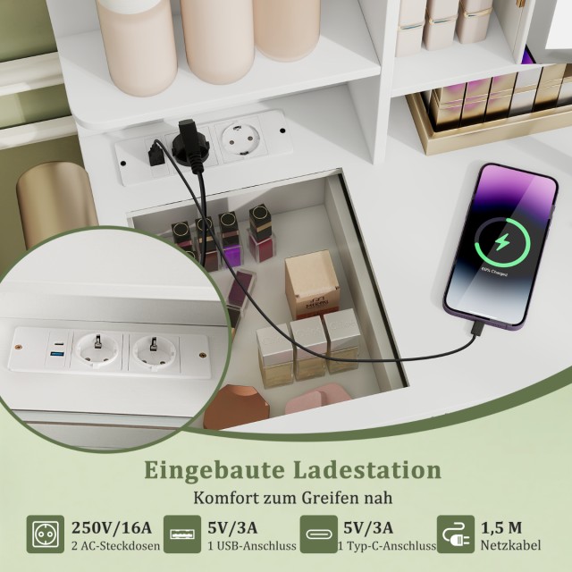 Costway Λευκό Τραπεζάκι Μακιγιάζ με Φωτιζόμενο Καθρέφτη & Σετ Σκαμπ...