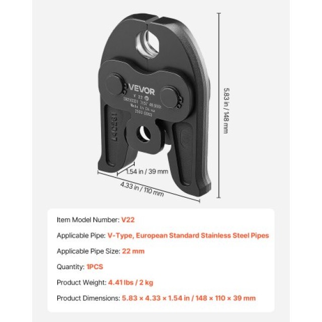 VEVOR Πιεστική Σιαγόνα V22 22mm για Αγωγούς Ανοξείδωτου Χάλυβα V-Tύ...