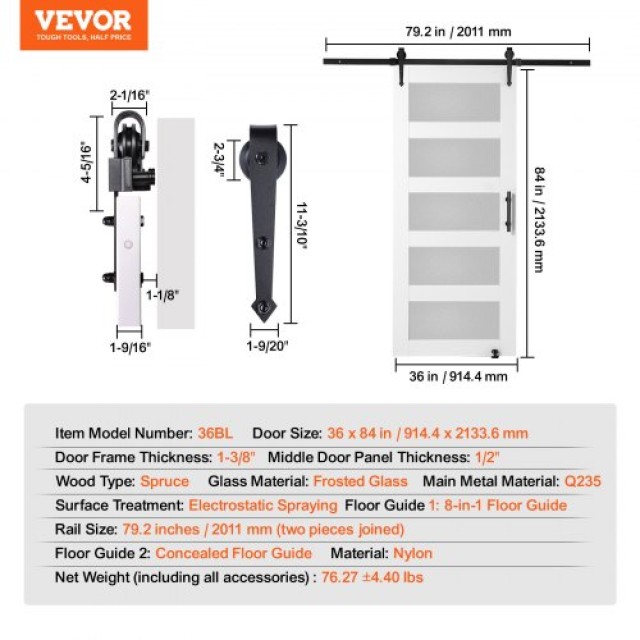 VEVOR Κιτ Συρόμενης Πόρτας Αχυρώνα 36 x 84 Ξύλο και Γυαλί  BLGCMTZSMMKBQ5LI4V0