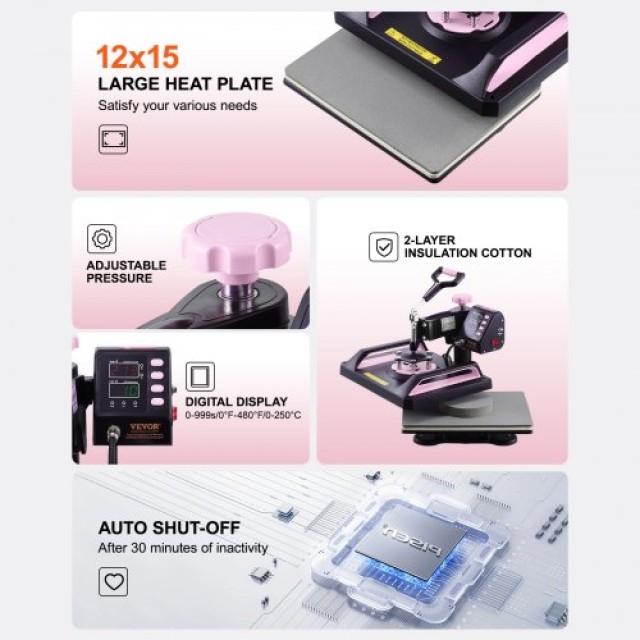 VEVOR Πολυμηχάνημα Θερμομεταφοράς 8 σε 1 12x15 ιντσών για Μπλουζάκια και Κούπες Μαύρο+Ροζ  YTS30OZ121581DSGRV2