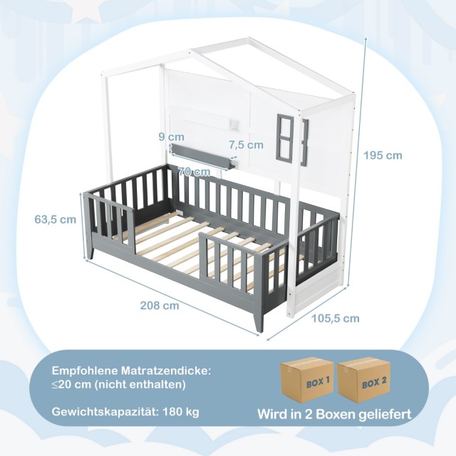 Costway Παιδικό Κρεβάτι Montessori 90 x 200 cm Σπιτάκι από Μασίφ Ξύ...