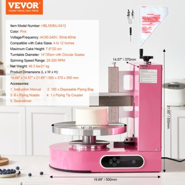 VEVOR Μηχανή Διακόσμησης Τούρτας για Κέικ 10-30 εκ, Ροζ DGNYMMJ412I...
