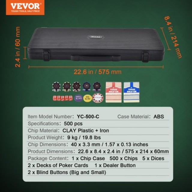 Σετ Πόκερ VEVOR 500 Τεμαχίων με Βαλιτσάκι, Μάρκες 14g, Τράπουλες, Κουμπιά & Ζάρια  PKCMTZCLAY50H2LS7V0