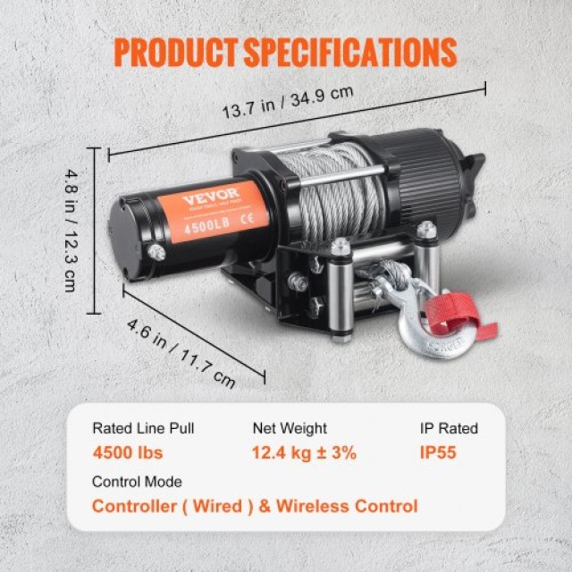 Ηλεκτρικό Βίντσι VEVOR 12V 4500 lb με Ατσάλινο Σχοινί και Ασύρματο Τηλεχειριστήριο  GSSJPGSSYCYCAZZ41V9