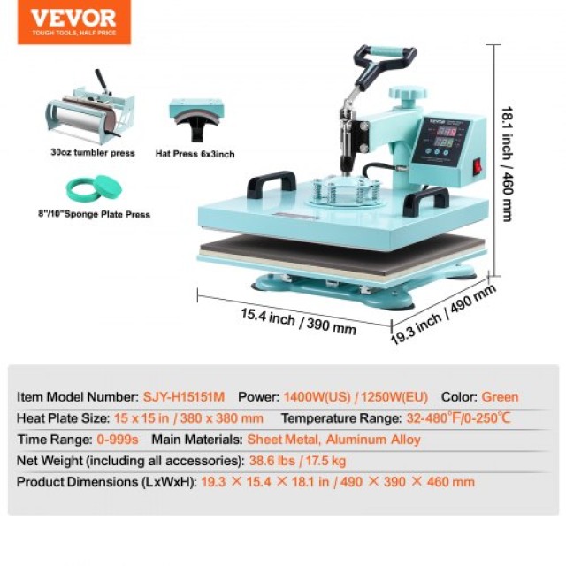 Μηχανή Θερμομεταφοράς VEVOR 15x15 5 σε 1 με Πρέσα για Κύπελλα 30oz T-Shirts Πράσινη  YTS30OZ151551AGBXV2