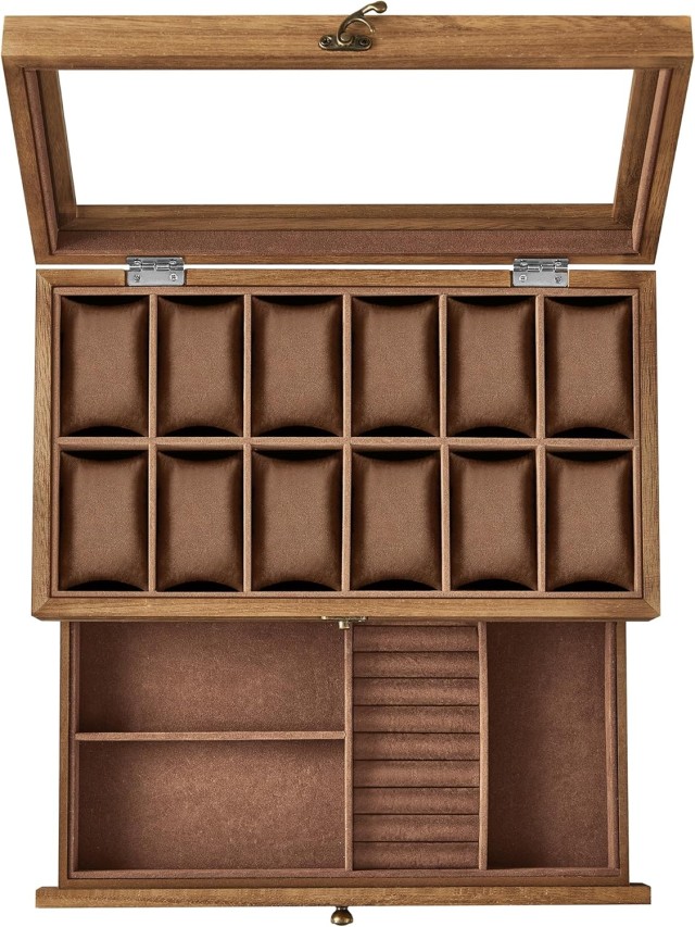 SONGMICS Ξύλινη Θήκη Ρολογιών 12 Θέσεων 34x19x12.5cm με Γυάλινο Καπ...