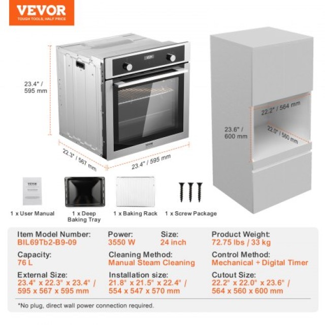 VEVOR Εντοιχιζόμενος Ηλεκτρικός Φούρνος 24 με 9 Λειτουργίες 2.68 Cu. Ft  QRSDKXJXSXK29HN75V2