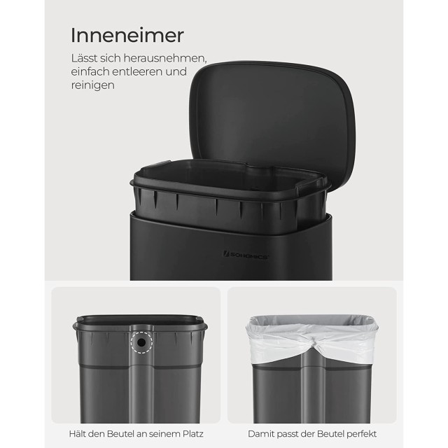 SONGMICS Κάδος Κουζίνας 30L με Πεντάλ 34 x 29 x 61 cm, Μαύρος, LTB03BK 