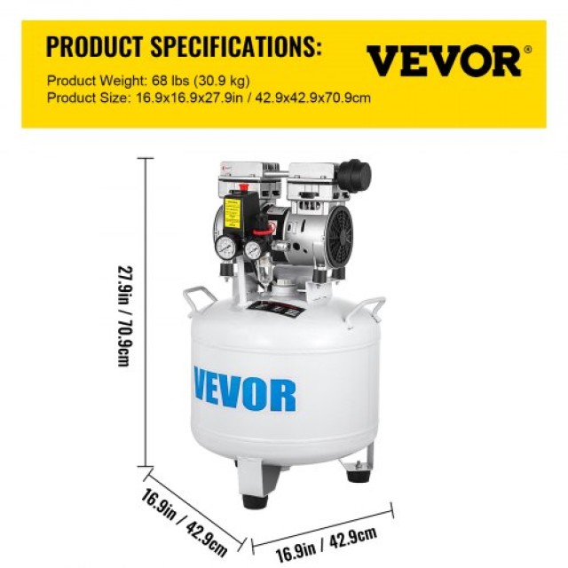 VEVOR Κάθετος Αεροσυμπιεστής 8.8 Γαλόνια Αθόρυβος Χωρίς Λάδι 40L 850W  KYJYM850-40LYSJ01V2