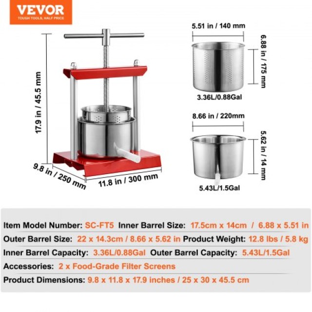 Πρέσα Φρούτων VEVOR 6L, Χειροκίνητη για Χυμούς & Λάδι  TSGJYZJBX6LT2TFWRV0