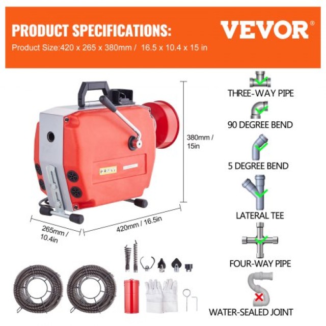 VEVOR Μηχάνημα Καθαρισμού Αποχέτευσης 120FT x 7/8 420W Χειροκίνητο Σπιράλ  XSGDSTJ420W5G5H34V2