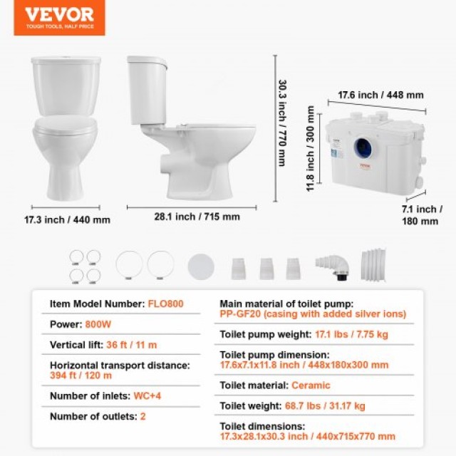 VEVOR  Τουαλέτα Μακράς Διάρκειας με Αντλία 800W για Υπόγειο ZHSKU00...