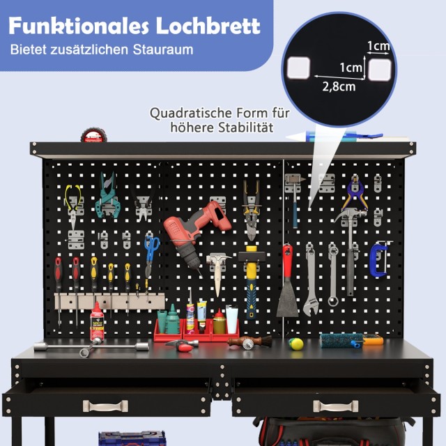 Costway Επαγγελματικός Πάγκος Εργασίας 121 x 61 cm με Μεταλλικό Σκελετό, Ράφια, Pegboards και Συρτάρια για Οργάνωση Εργαλείων, Αντοχή έως 230 kg,  TH10086BK+