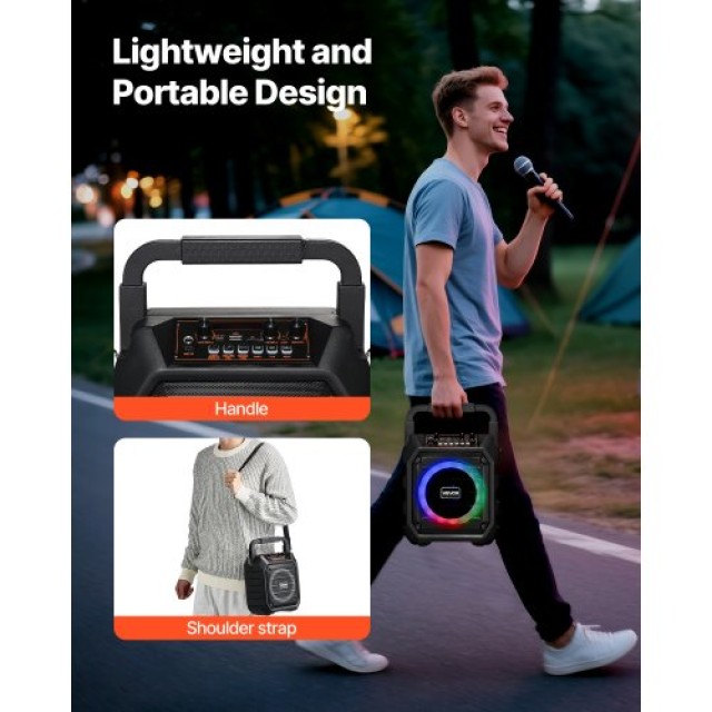 VEVOR Φορητό Καραόκε Bluetooth 20W με 2 Ασύρματα Μικρόφωνα και LED ...