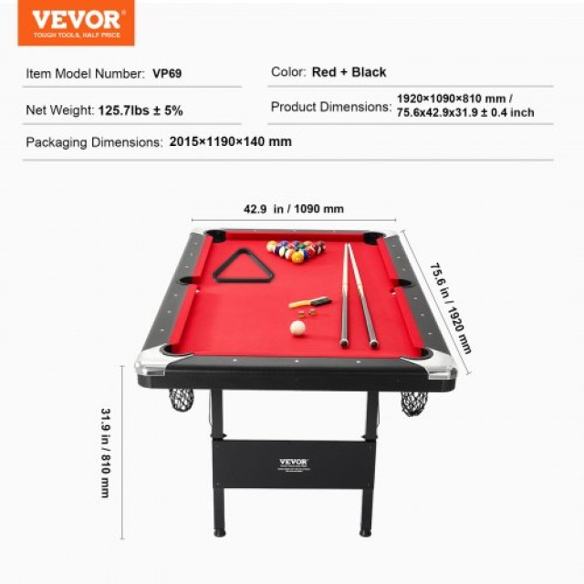 Φορητό Πτυσσόμενο Μπιλιάρδο VEVOR 6.3 ft με Αξεσουάρ, Μαύρο/Κόκκινο  ZDTTQZHHRZBCYJ11EV0