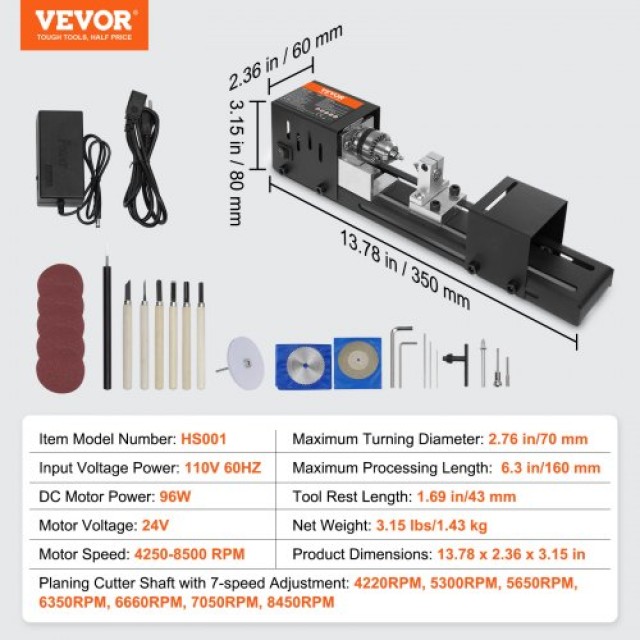 Μίνι Τόρνος VEVOR 2.76x6.3, 24VDC 96W, 7 Ταχύτητες, για Ξυλουργική DIY  MNMGCCMNY796W1WHYV2