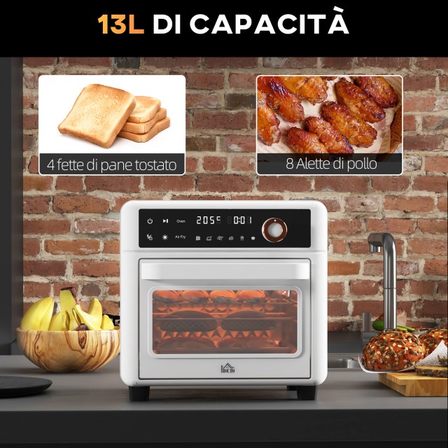 HOMCOM Ηλεκτρικός Φούρνος 1500W 13L με Λειτουργία Φριτέζας Αέρος 12 Προγράμματα και Ρυθμιζόμενη Θερμοκρασία Λευκό 800-171V90WT