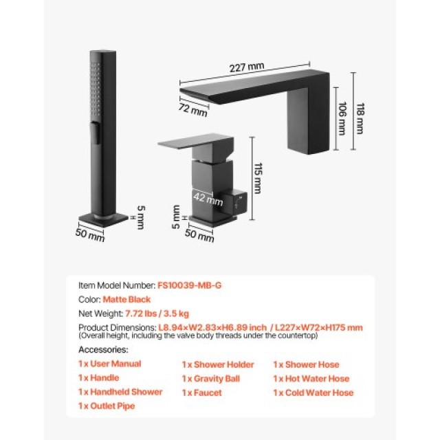 VEVOR Ρωμαϊκή Μπαταρία Μπανιέρας 3 Οπών σε Μαύρο Ματ με Ντουζιέρα D...