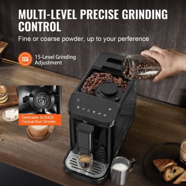 Αυτόματη Μηχανή Espresso VEVOR 15Bar με Ενσωματωμένο Μύλο & 15 Επίπεδα Άλεσης  QZDYSKFJYSKFSJ1HMV2