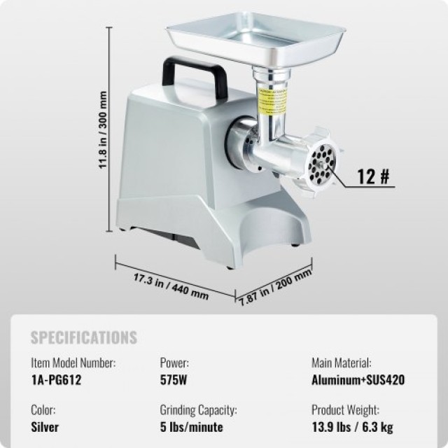 VEVOR Ηλεκτρικός Κρεατομηχανή 575W με Ικανότητα 5 Λίβρες/Λεπτό & Παρασκευαστής Λουκάνικων SYTMDDJRJSYSLBANTV2
