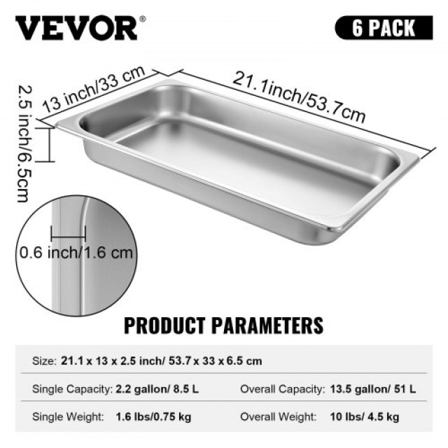 Σετ 6 Ανοξείδωτα Ταψιά VEVOR 53x32x6.5cm για Μπουφέ  CP20X12X2YCTZ6001V0