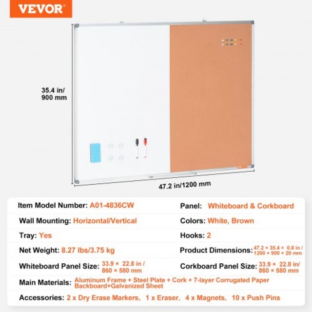 VEVOR Συνδυασμός Πίνακα & Φελλού 48x 36 με Αλουμινένιο Πλαίσιο για Σχολείο & Σπίτι  RMB48X36BBRMT05ZSV0