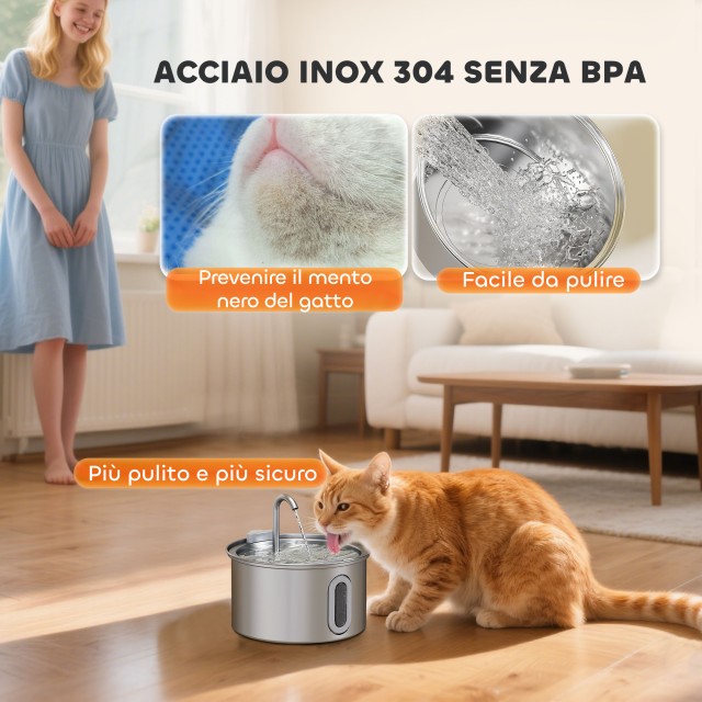 PawHut Ανοξείδωτη Ποτίστρα Γάτας 2.5L με LED, 19.4x19.4x18.7 εκ. D08-073V90SR
