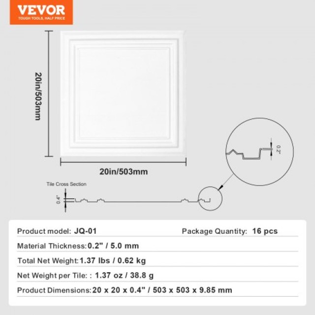 VEVOR Πλακάκια Οροφής 16τμχ 50x50 εκ Πολυστυρένιο Εύκολη Εγκατάσταση με Κόλλα  THBZPSB16J500WMY3V0
