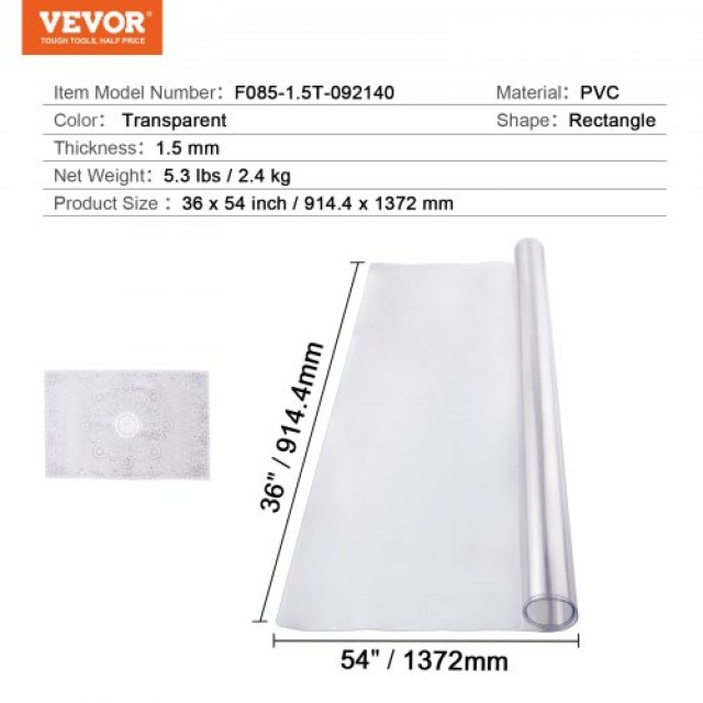 Διαφανές Προστατευτικό Τραπεζιού VEVOR 36x54 ιντσών 1.5mm  ZFXPVCZB36X53E1T6V0