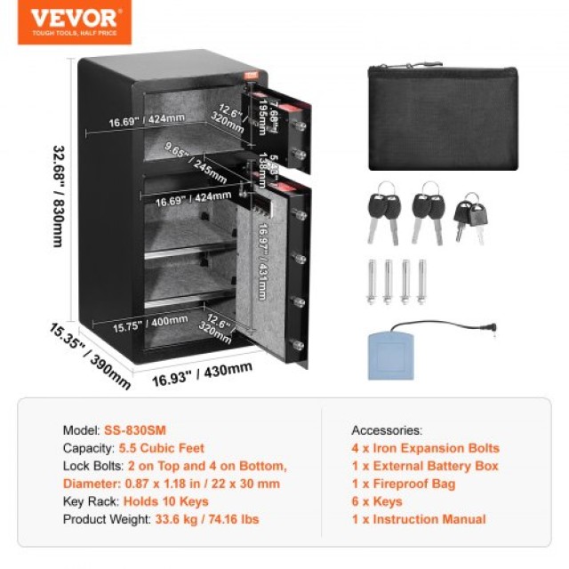 VEVOR Διπλή Πόρτα Χρηματοκιβώτιο 5.5 cu.ft με Κλειδαριά και Κωδικό Μαύρο  LMBXXLS5567CW705UV9