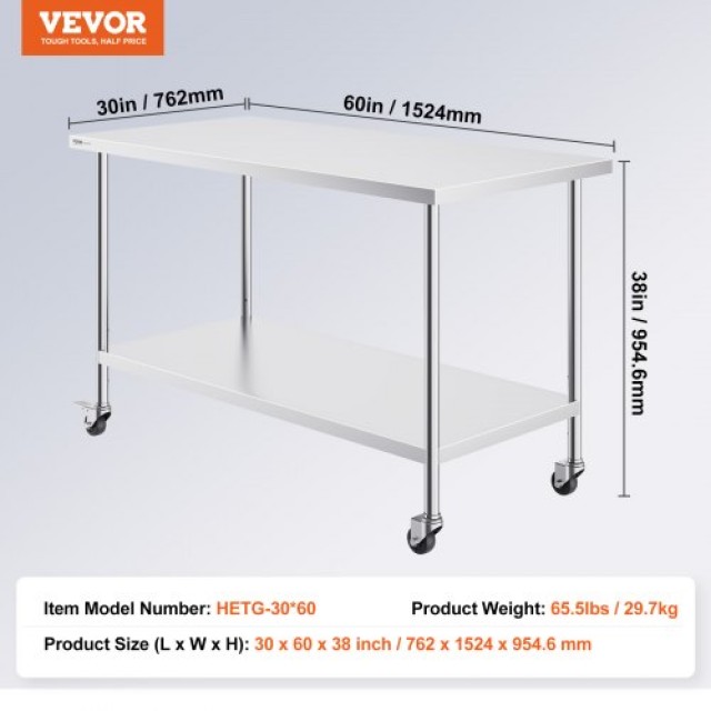 Τραπέζι Εργασίας Ανοξείδωτο VEVOR 30x60 εκ. με Ρόδες  CFBXGGZTLCDJ1CSD7V0