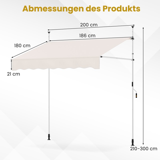 Costway  Λευκή Ρυθμιζόμενη Τέντα Χειρός για Μπαλκόνι 200 cm, UV-Ανθ...