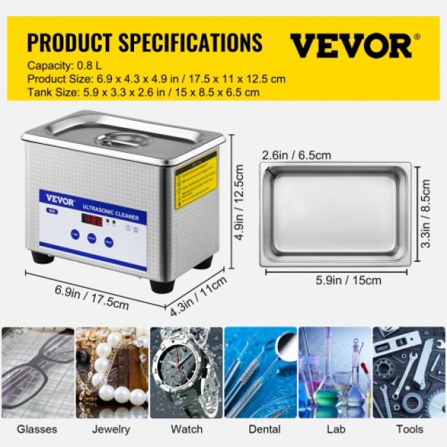 VEVOR 0.8L Υπερηχητικός Καθαριστής για Κοσμήματα και Γυαλιά 35W Ανοξείδωτος για Επαγγελματική και Οικιακή Χρήση  QXJ0.8LCSB0000001V2