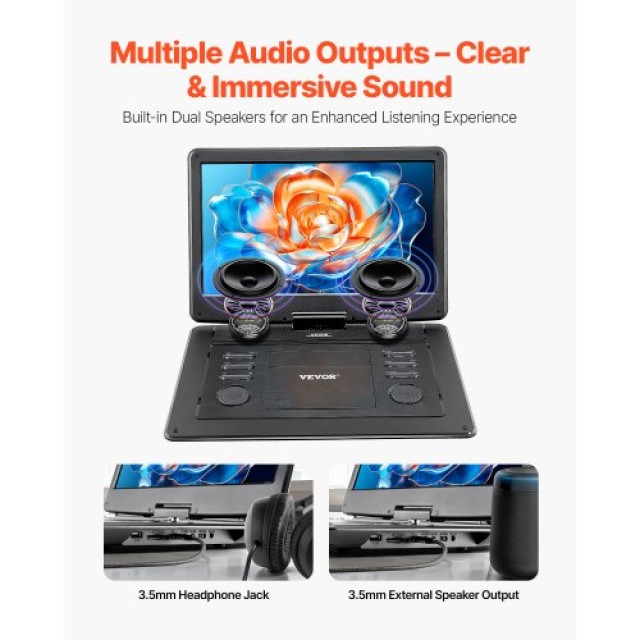 VEVOR Φορητό DVD Player 396mm HD Περιστρεφόμενη Οθόνη, 4.5-5 Ώρες Α...