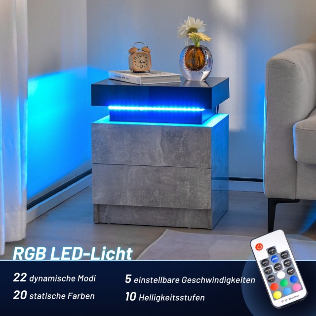 Costway Κομοδίνο με LED φωτισμό & 2 συρτάρια & τηλεχειριστήριο 45 x 35 x 52cm Γκρι JV10829