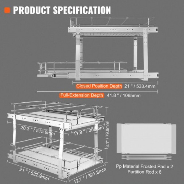 VEVOR  Συρόμενη Διπλή Ραφιέρα 33x53εκ Χρωμέ για Ντουλάπια Κουζίνας/Μπάνιου HGS214W21D15H80OCV0