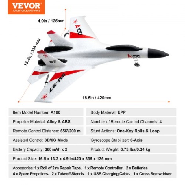 VEVOR Αεροπλάνο RC Μαχητικό EPP Αφρώδες 2.4GHz Τηλεκατευθυνόμενο 3D/6G  YKFJFJSTD253EW8E8V9