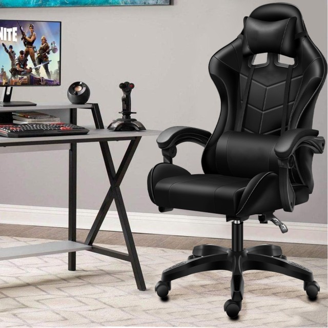 BAKAJI  Μαύρη Καρέκλα Gaming με Μαξιλάρι Στήριξης Κεφαλής και Οσφυϊκής Περιοχής Καρέκλα Γραφείου  02841597