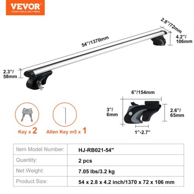 Ράγες Οροφής VEVOR 54 Αλουμινίου, 200 lbs, Ρυθμιζόμενες με Κλειδαριές  CDHGJTYKTYKCPRACFV0